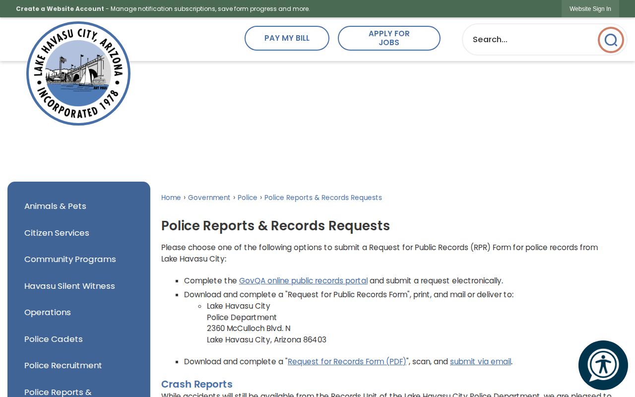 Lake Havasu City arrest report and police records request page