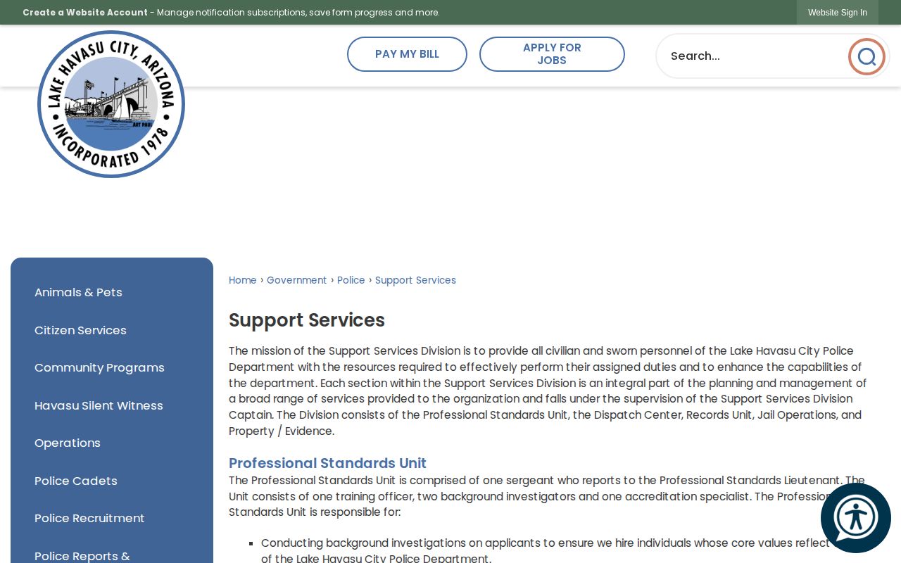 Lake Havasu City arrest support services and Mohave County custody information
