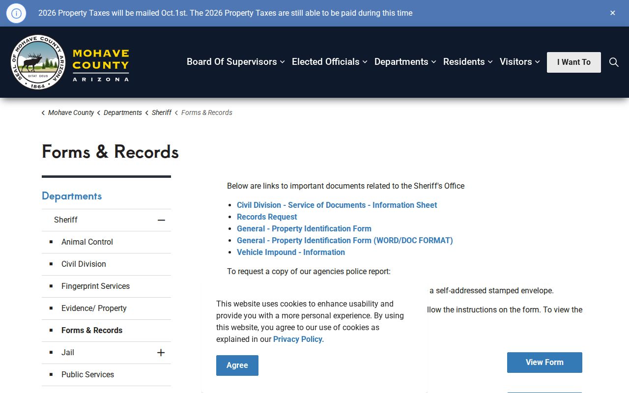Mohave County Sheriff arrest and booking record forms