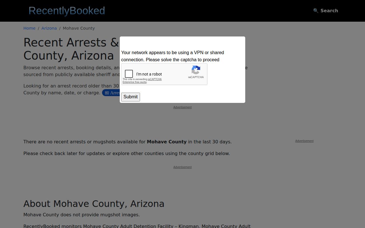 Unofficial RecentlyBooked Mohave County arrest records page